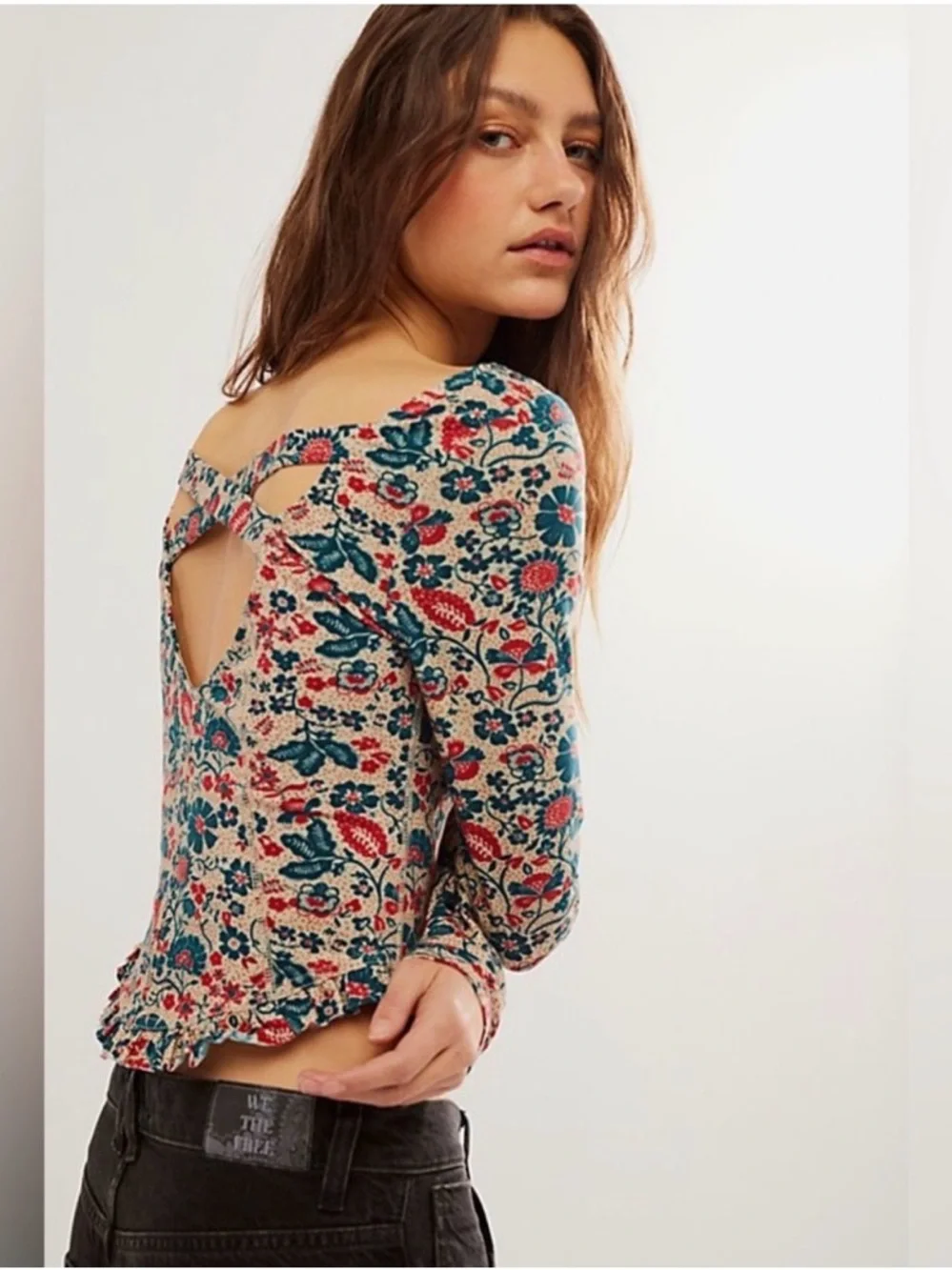 New Free People Melanie Long Sleeve Top in Sand Combo Size Large